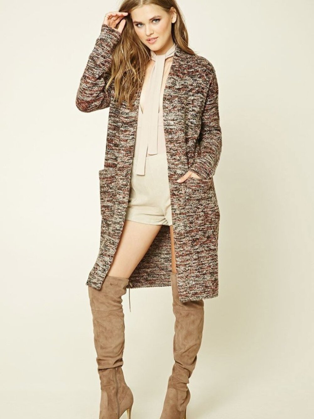 Forever 21 Rust Black Open Front Longline Marled Cardigan Small S